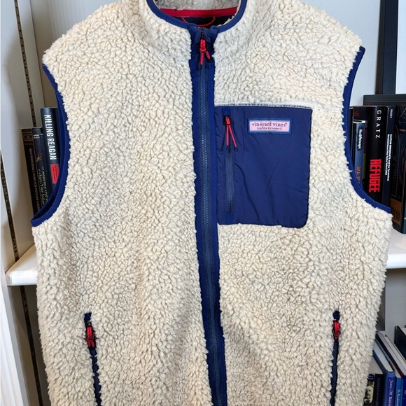 Vineyard Vines Sherpa Fleece Vest - Cream and Navy - Picture 1 of 6